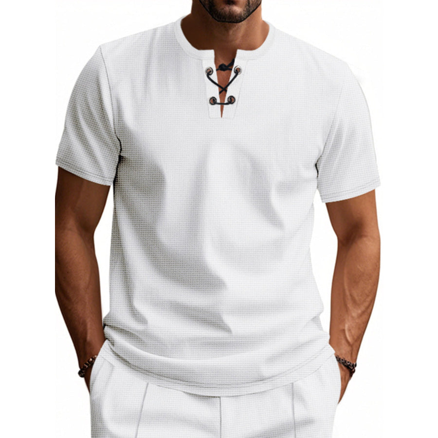 Men’s Full Size Lace-Up Neck T-Shirt Plus Size White / S Apparel and Accessories