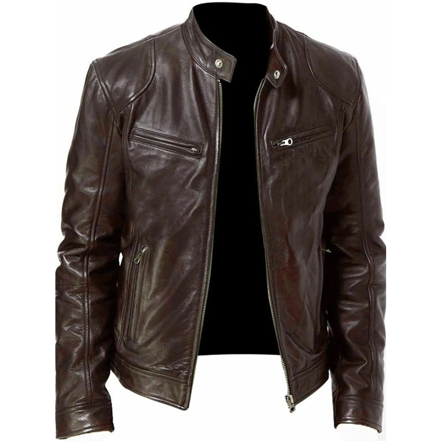 Men’s Full Size Leather Biker Jacket with Zipper Pockets Plus Size Apparel and Accessories