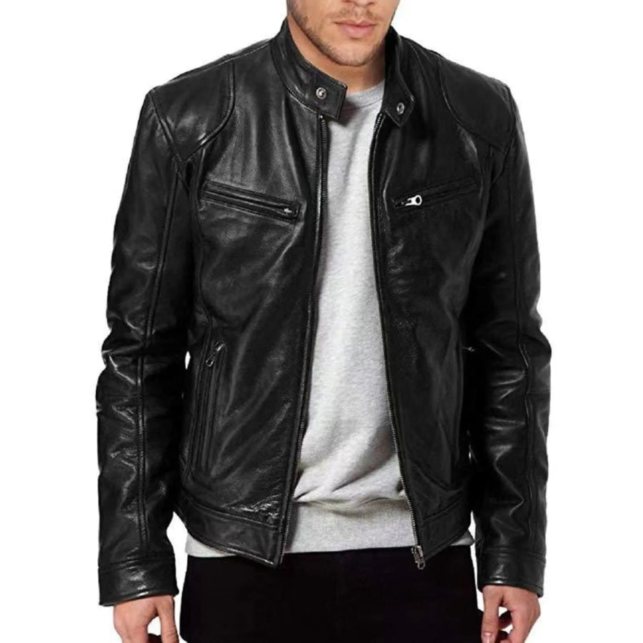 Men’s Full Size Leather Biker Jacket with Zipper Pockets Plus Size Black / S Apparel and Accessories