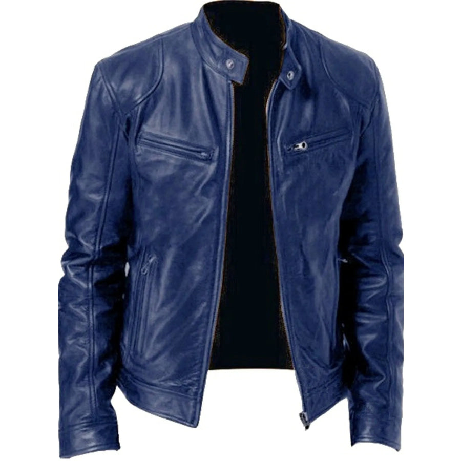 Men’s Full Size Leather Biker Jacket with Zipper Pockets Plus Size Blue / S Apparel and Accessories
