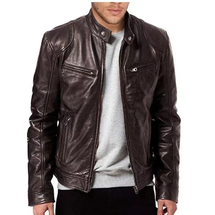 Men’s Full Size Leather Biker Jacket with Zipper Pockets Plus Size Brown / S Apparel and Accessories
