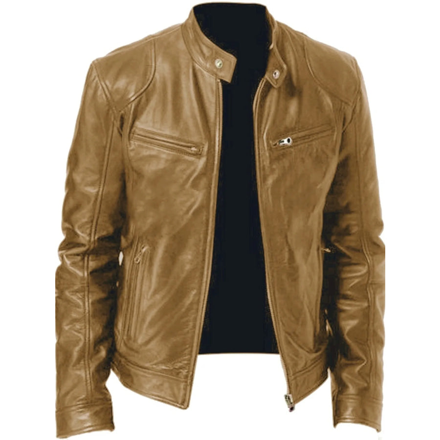 Men’s Full Size Leather Biker Jacket with Zipper Pockets Plus Size Mustard / S Apparel and Accessories