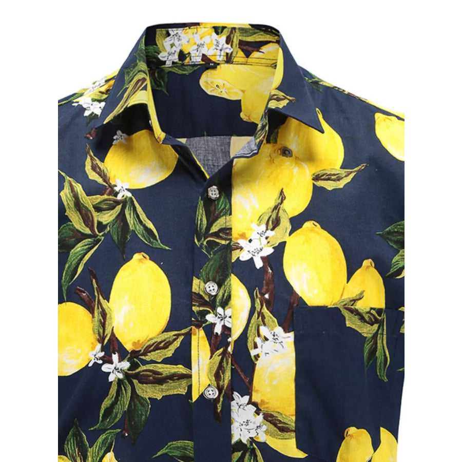 Men’s Full Size Lemon Print Short Sleeve Button-Down Shirt Plus Apparel and Accessories
