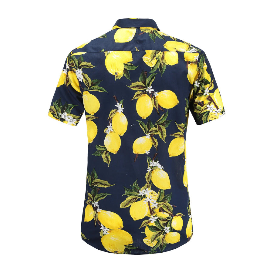 Men’s Full Size Lemon Print Short Sleeve Button-Down Shirt Plus Apparel and Accessories