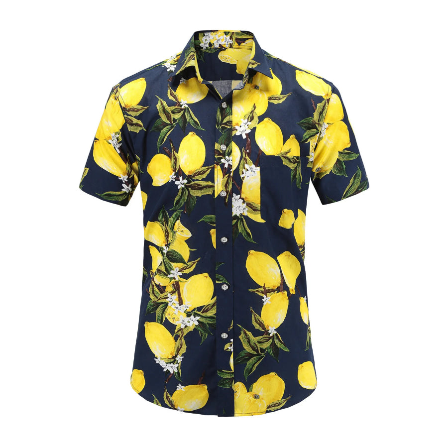 Men’s Full Size Lemon Print Short Sleeve Button-Down Shirt Plus Canary Yellow / S Apparel and Accessories