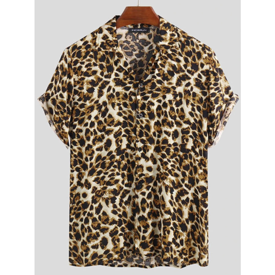 Men’s Full Size Leopard Print Short Sleeve Shirt Plus Size Leopard / S Apparel and Accessories