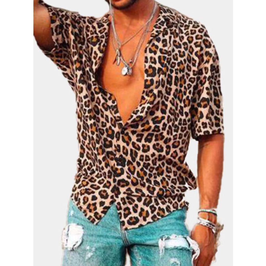 Men’s Full Size Leopard Print Short Sleeve Shirt Plus Size Leopard / S Apparel and Accessories