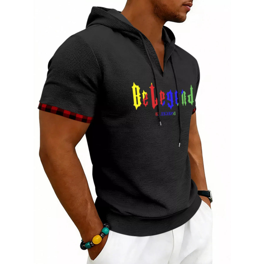 Men’s Full Size Letter Graphic Short Sleeve Hooded Top Plus Size Apparel and Accessories