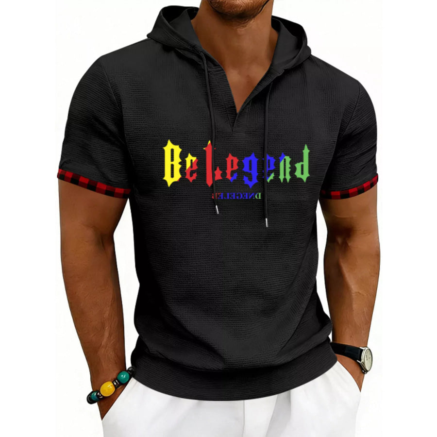Men’s Full Size Letter Graphic Short Sleeve Hooded Top Plus Size Black / S Apparel and Accessories