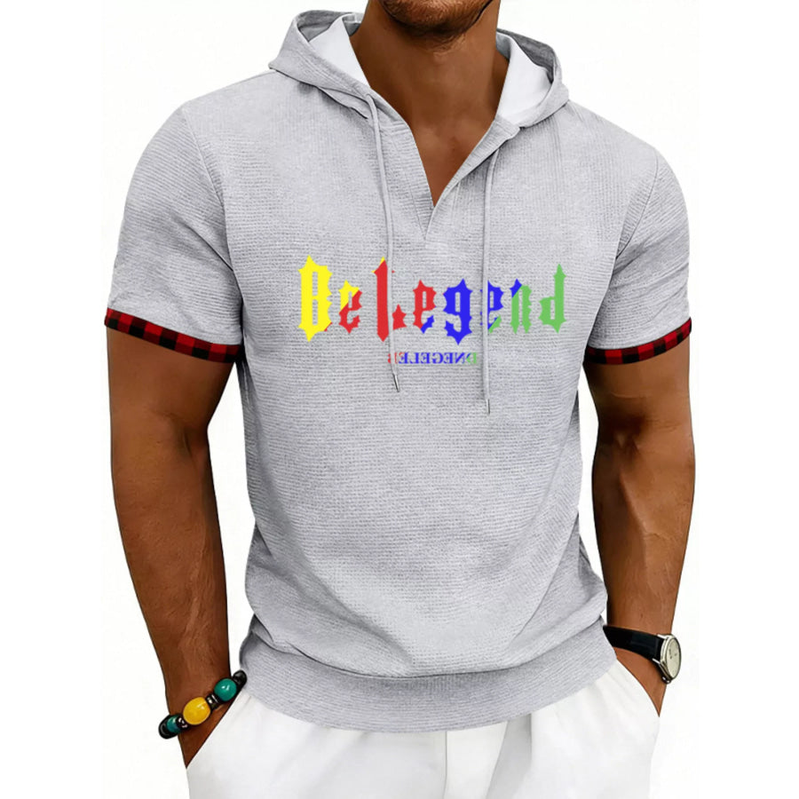 Men’s Full Size Letter Graphic Short Sleeve Hooded Top Plus Size Grey / S Apparel and Accessories