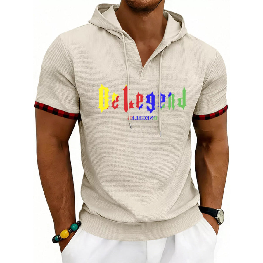 Men’s Full Size Letter Graphic Short Sleeve Hooded Top Plus Size Khaki / S Apparel and Accessories