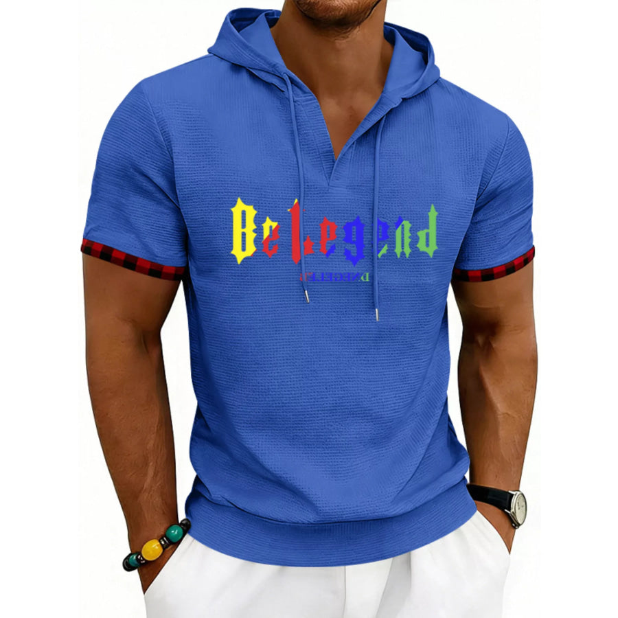 Men’s Full Size Letter Graphic Short Sleeve Hooded Top Plus Size Royal Blue / S Apparel and Accessories