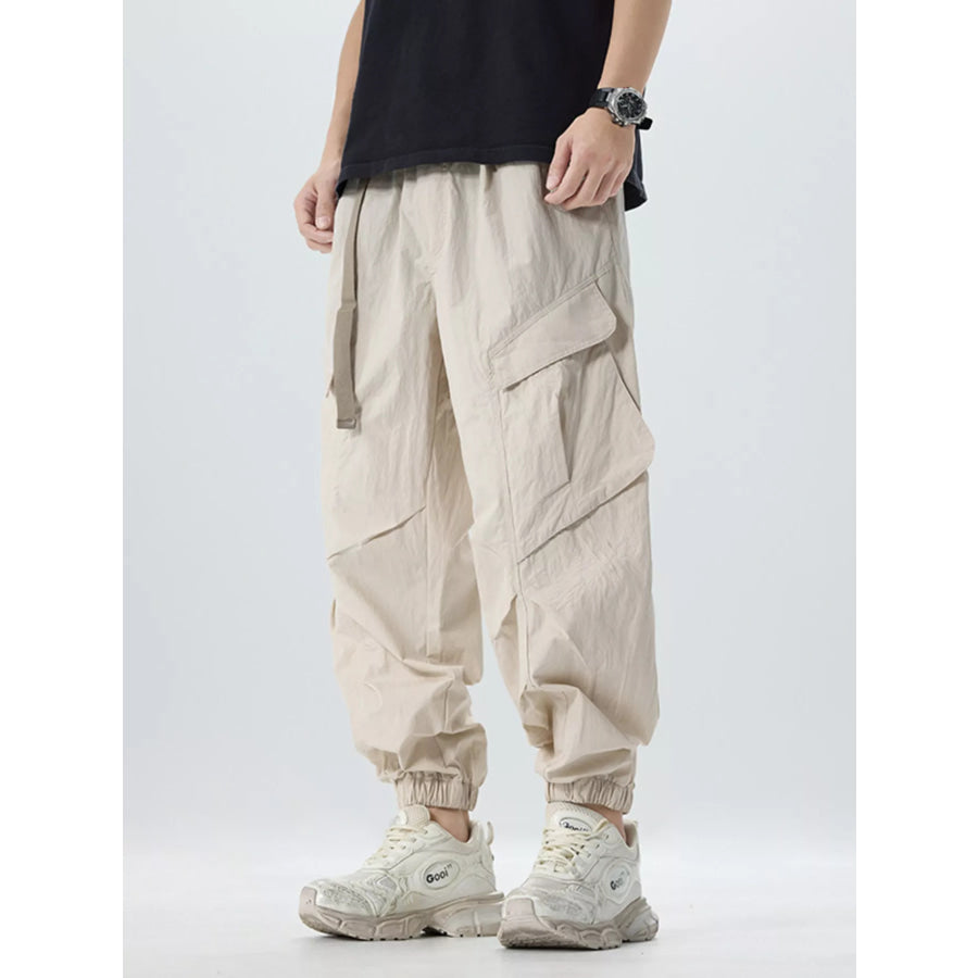 Men’s Full Size Lightweight Cargo Pants with Adjustable Belt Plus Size Khaki / S Apparel and Accessories