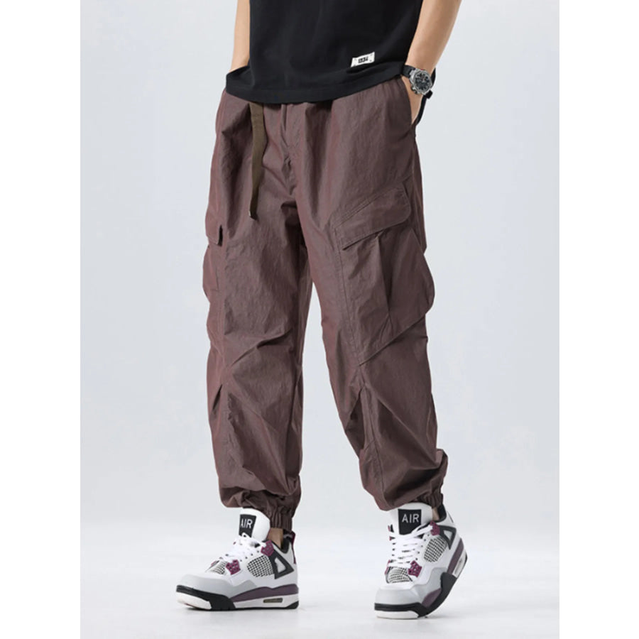 Men’s Full Size Lightweight Cargo Pants with Adjustable Belt Plus Size Coffee / S Apparel and Accessories