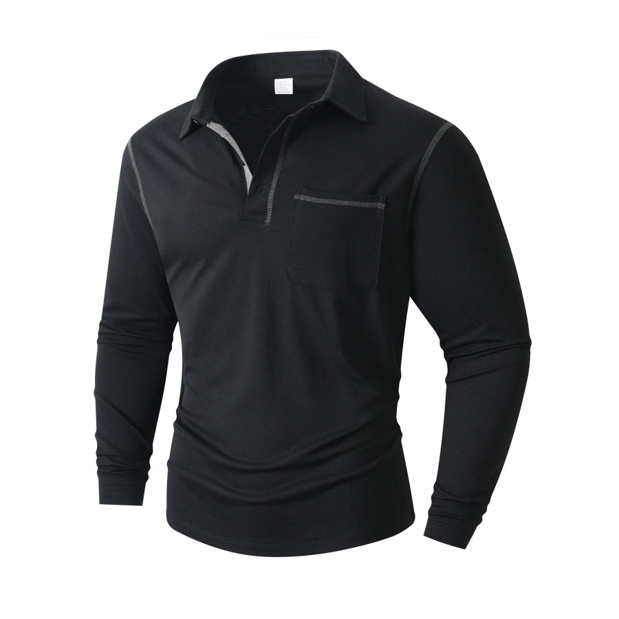 Men’s Full Size Long Sleeve Casual Polo Plus Size Black / S Apparel and Accessories