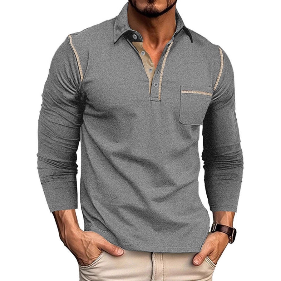 Men’s Full Size Long Sleeve Casual Polo Plus Size Gray / S Apparel and Accessories