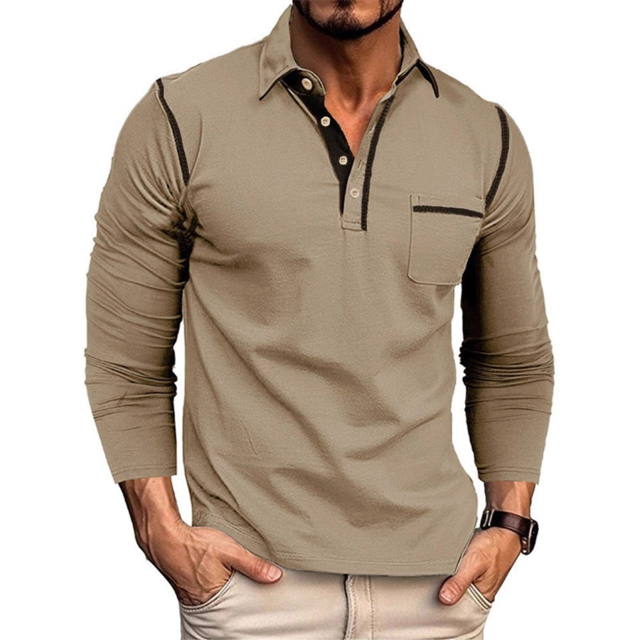 Men’s Full Size Long Sleeve Casual Polo Plus Size Khaki / S Apparel and Accessories
