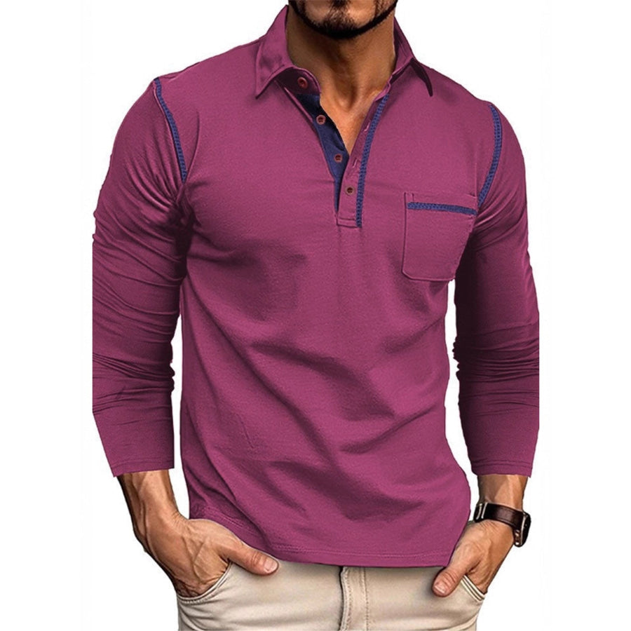 Men’s Full Size Long Sleeve Casual Polo Plus Size Rose Red / S Apparel and Accessories
