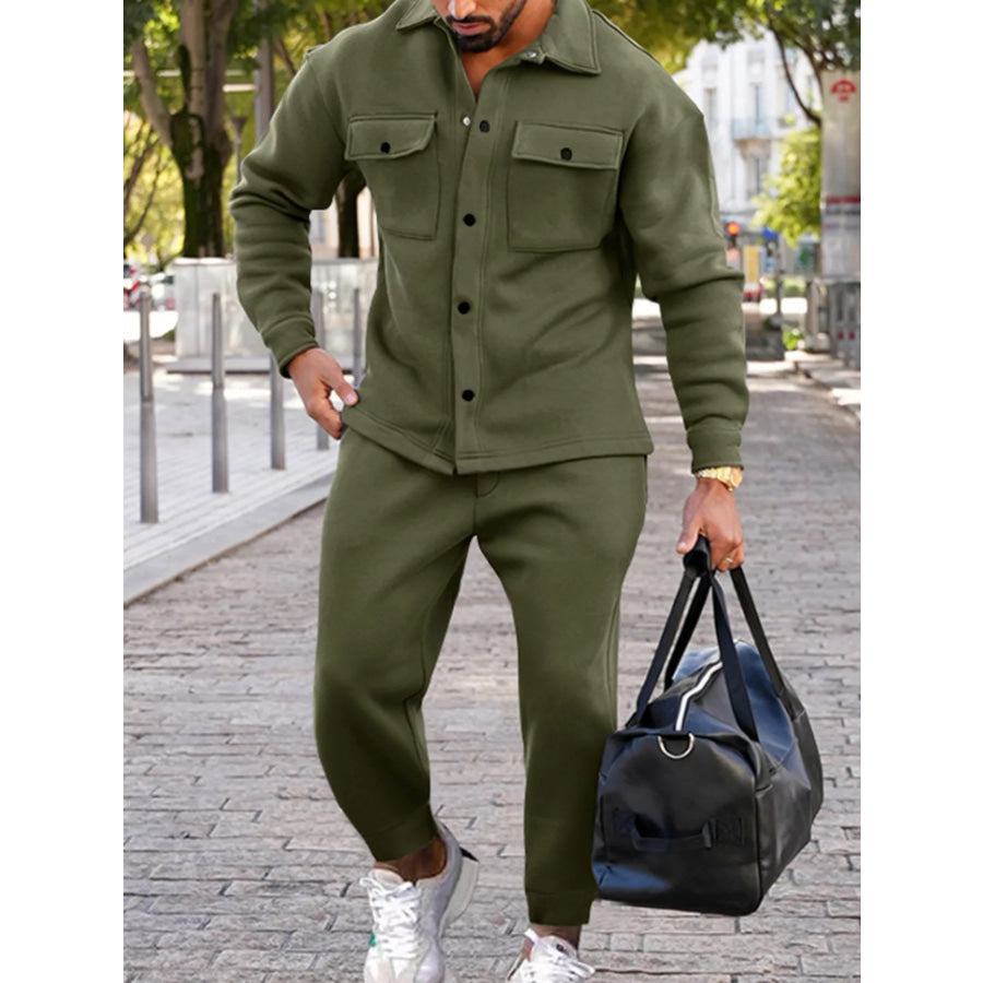 Men’s Full Size Long-Sleeve Shirt and Joggers Set Plus Size Army Green / S Apparel and Accessories