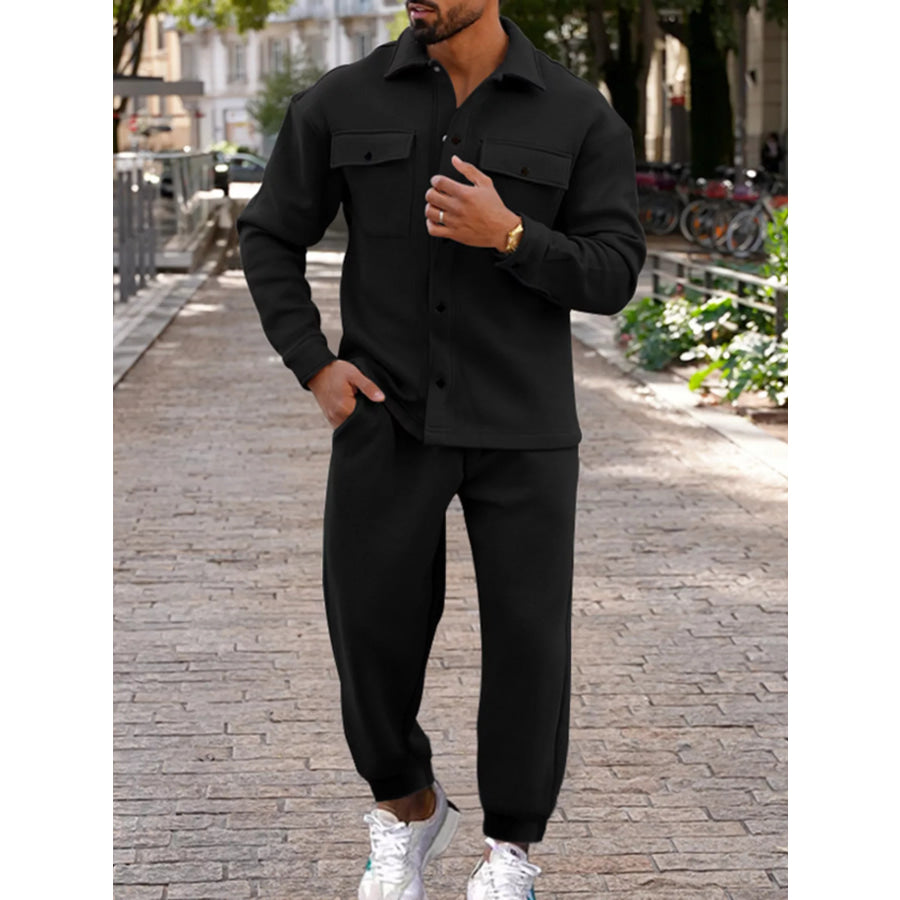Men’s Full Size Long-Sleeve Shirt and Joggers Set Plus Size Black / S Apparel and Accessories