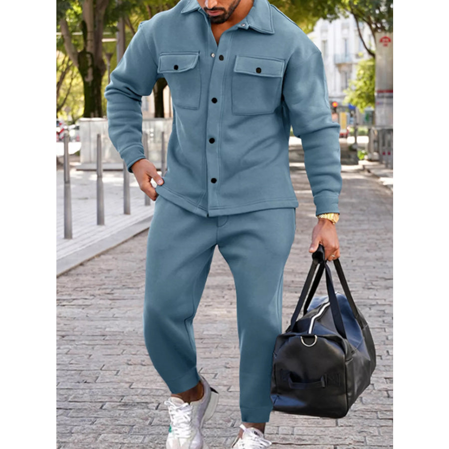 Men’s Full Size Long-Sleeve Shirt and Joggers Set Plus Size Light Blue / S Apparel and Accessories