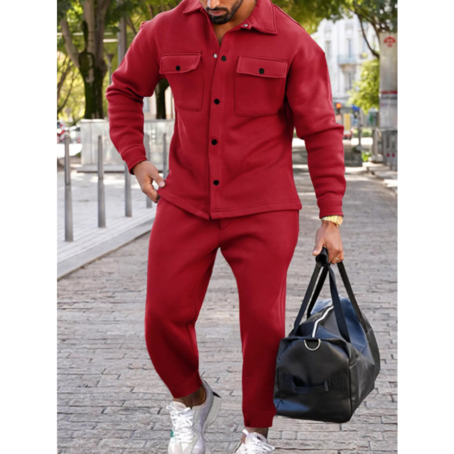 Men’s Full Size Long-Sleeve Shirt and Joggers Set Plus Size Red / S Apparel and Accessories