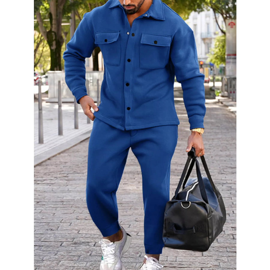 Men’s Full Size Long-Sleeve Shirt and Joggers Set Plus Size Sapphire Blue / S Apparel and Accessories