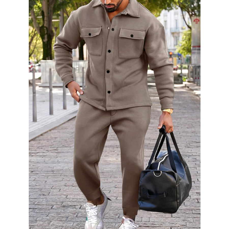 Men’s Full Size Long-Sleeve Shirt and Joggers Set Plus Size Taupe / S Apparel and Accessories
