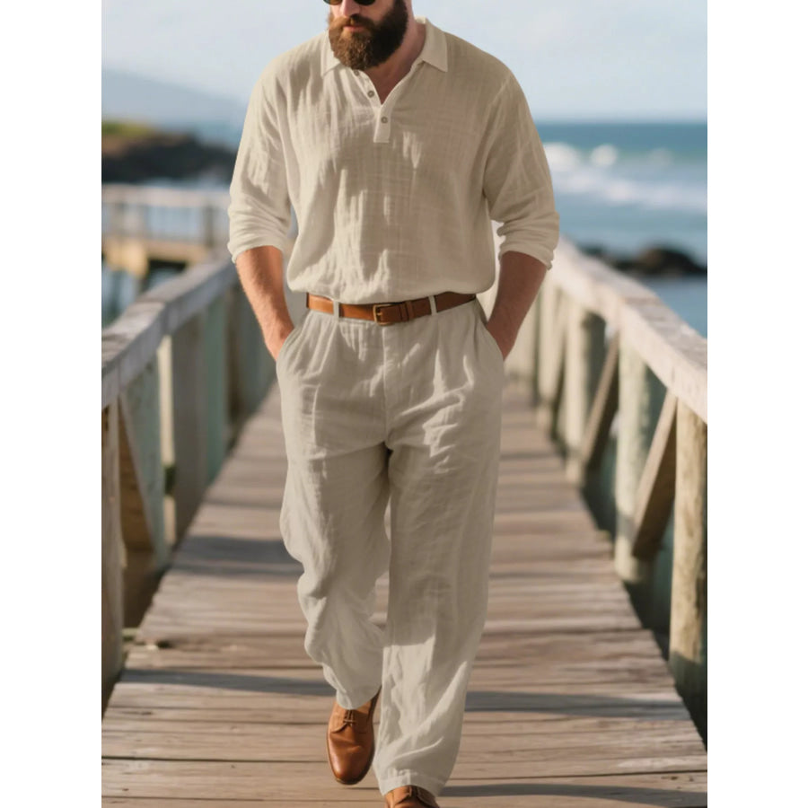 Men’s Full Size Long Sleeve Top and Pants Set Plus Size Light Khaki / S Apparel and Accessories