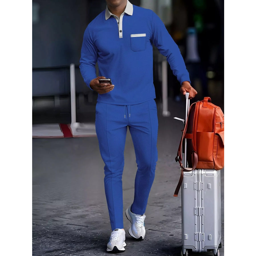 Men’s Full Size Long Sleeve Top and Pants Set Plus Size Royal Blue / S Apparel and Accessories