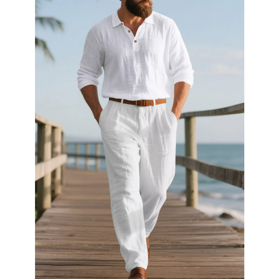 Men’s Full Size Long Sleeve Top and Pants Set Plus Size White / S Apparel and Accessories
