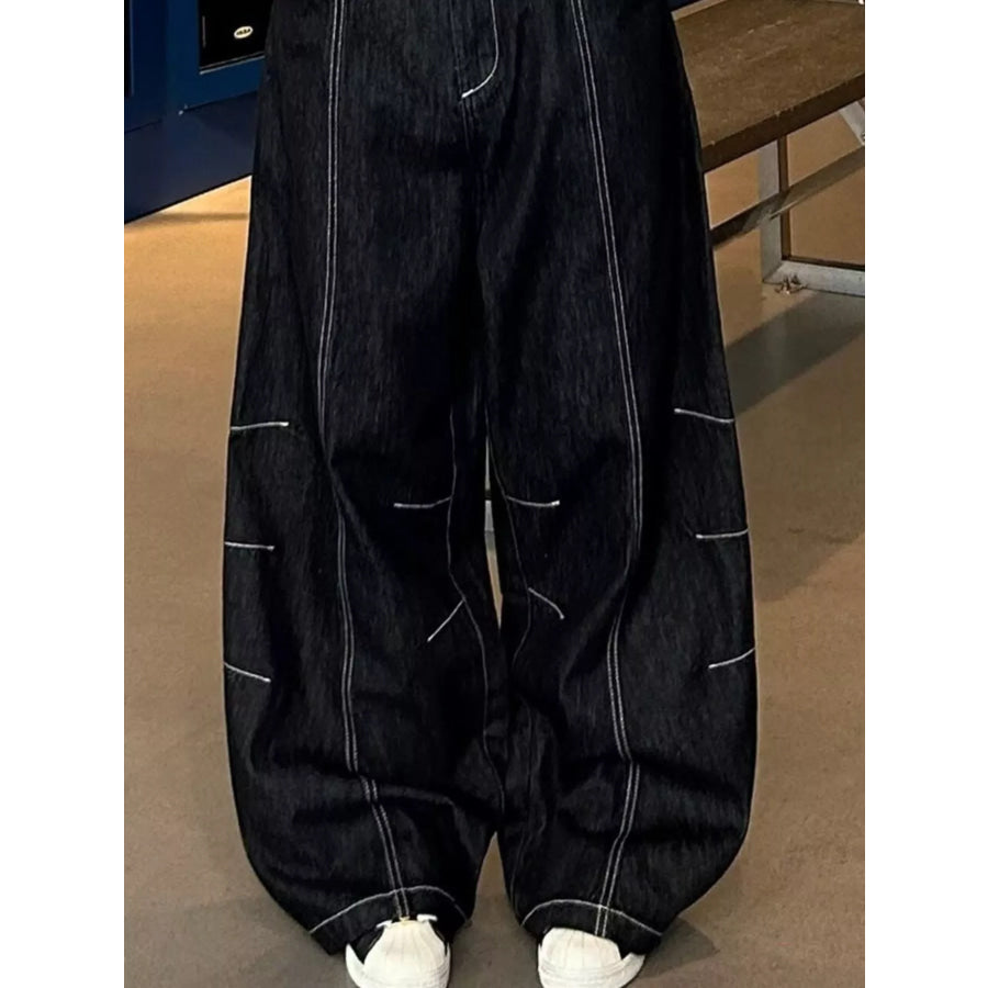 Men’s Full Size Loose Fit Cargo Jeans with Contrast Stitching Plus Size Black / S Apparel and Accessories