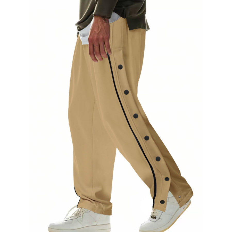 Men’s Full Size Loose Fit Side Snap Button Track Pants Plus Size Khaki / S Apparel and Accessories