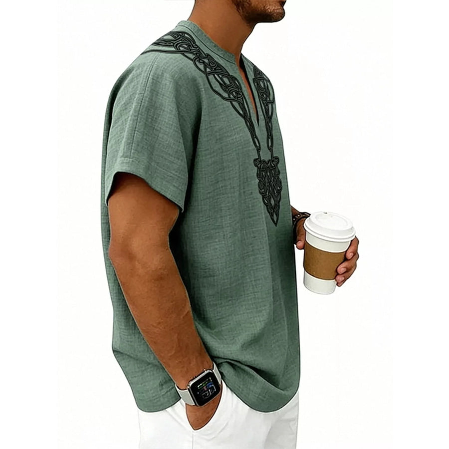 Men’s Full Size Notched Printed Short Sleeve Blouse Plus Size Apparel and Accessories