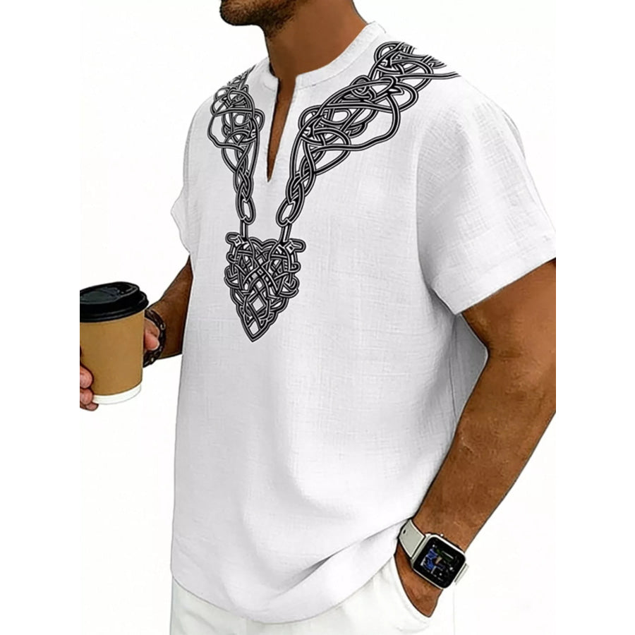 Men’s Full Size Notched Printed Short Sleeve Blouse Plus Size Apparel and Accessories