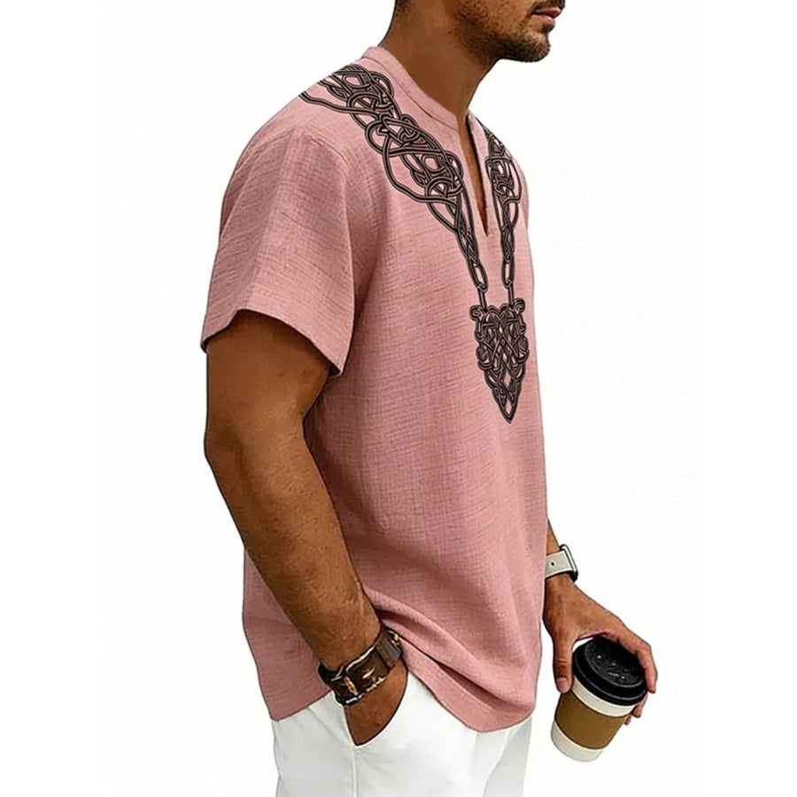 Men’s Full Size Notched Printed Short Sleeve Blouse Plus Size Apparel and Accessories