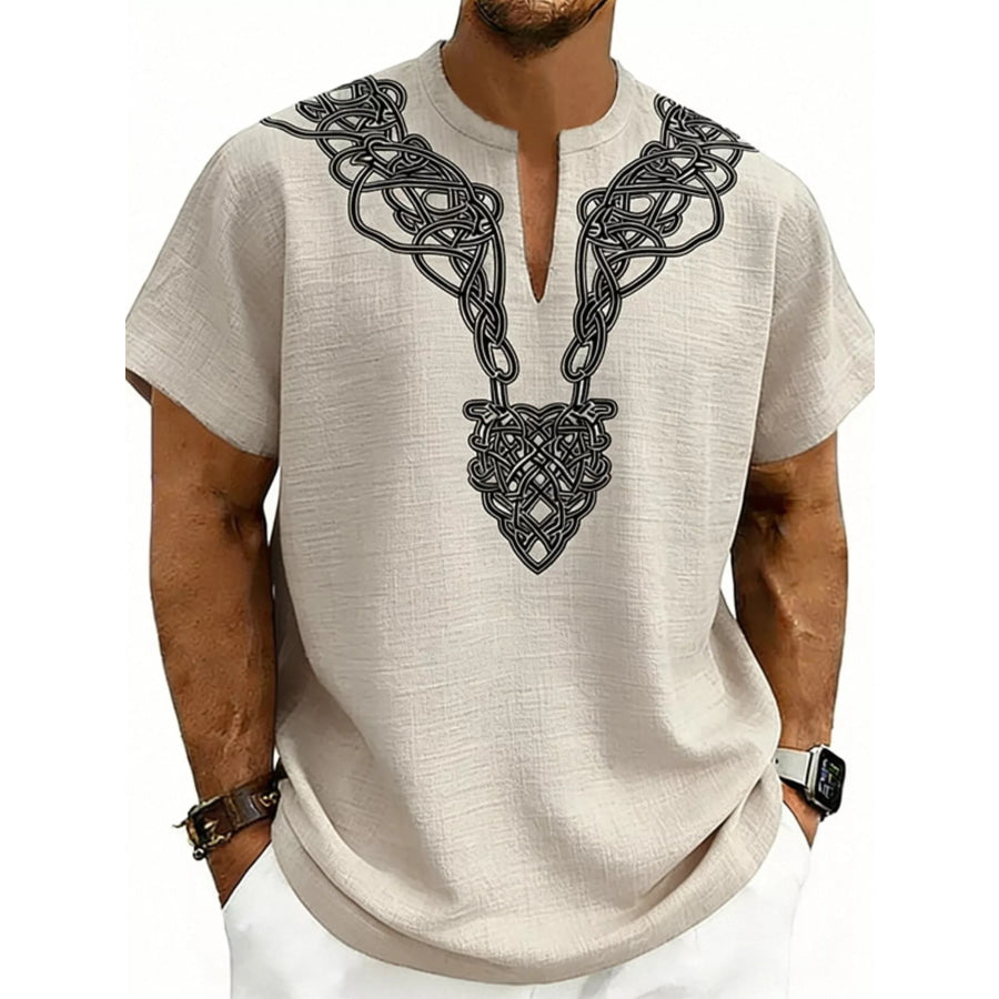 Men’s Full Size Notched Printed Short Sleeve Blouse Plus Size Apricot / S Apparel and Accessories