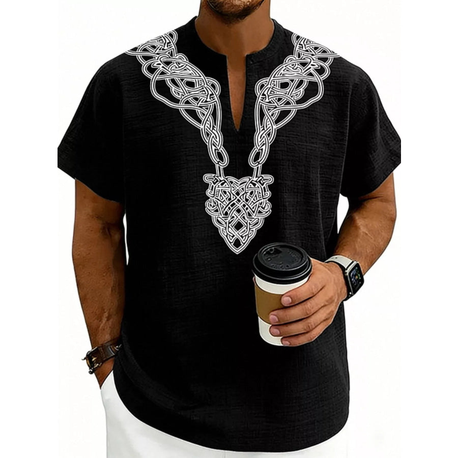 Men’s Full Size Notched Printed Short Sleeve Blouse Plus Size Apricot / S Apparel and Accessories