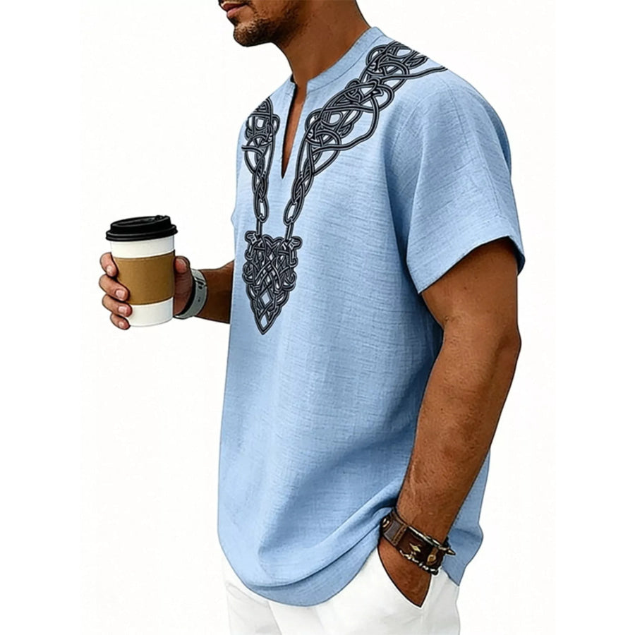 Men’s Full Size Notched Printed Short Sleeve Blouse Plus Size Light Blue / S Apparel and Accessories