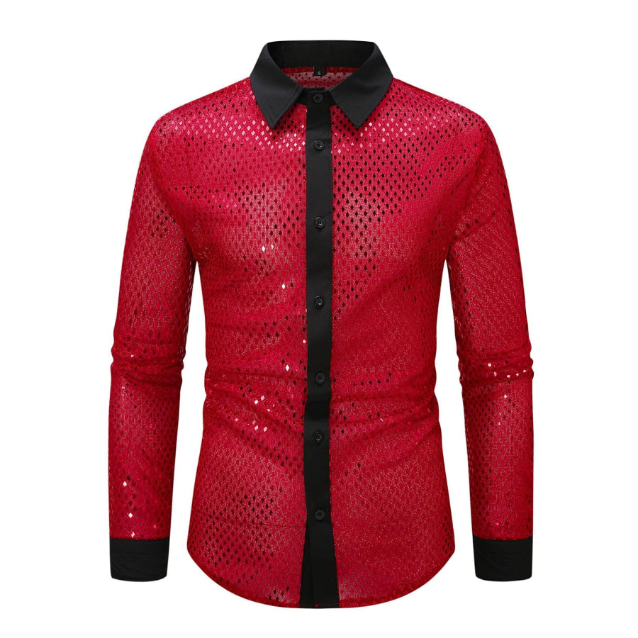 Men’s Full Size Openwork Long Sleeve Shirt Plus Size Red / S Apparel and Accessories