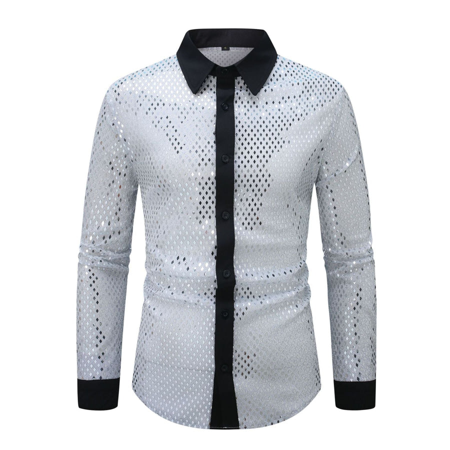 Men’s Full Size Openwork Long Sleeve Shirt Plus Size Silver / S Apparel and Accessories