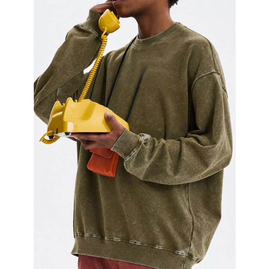 Men’s Full Size Oversized Crew Neck Sweatshirt Plus Army Green-Distressed / S Apparel and Accessories