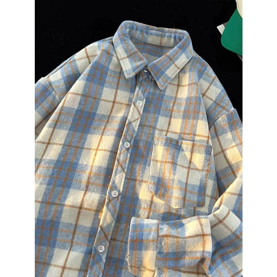 Men’s Full Size Oversized Plaid Shirt with Chest Pocket Plus Size Apparel and Accessories