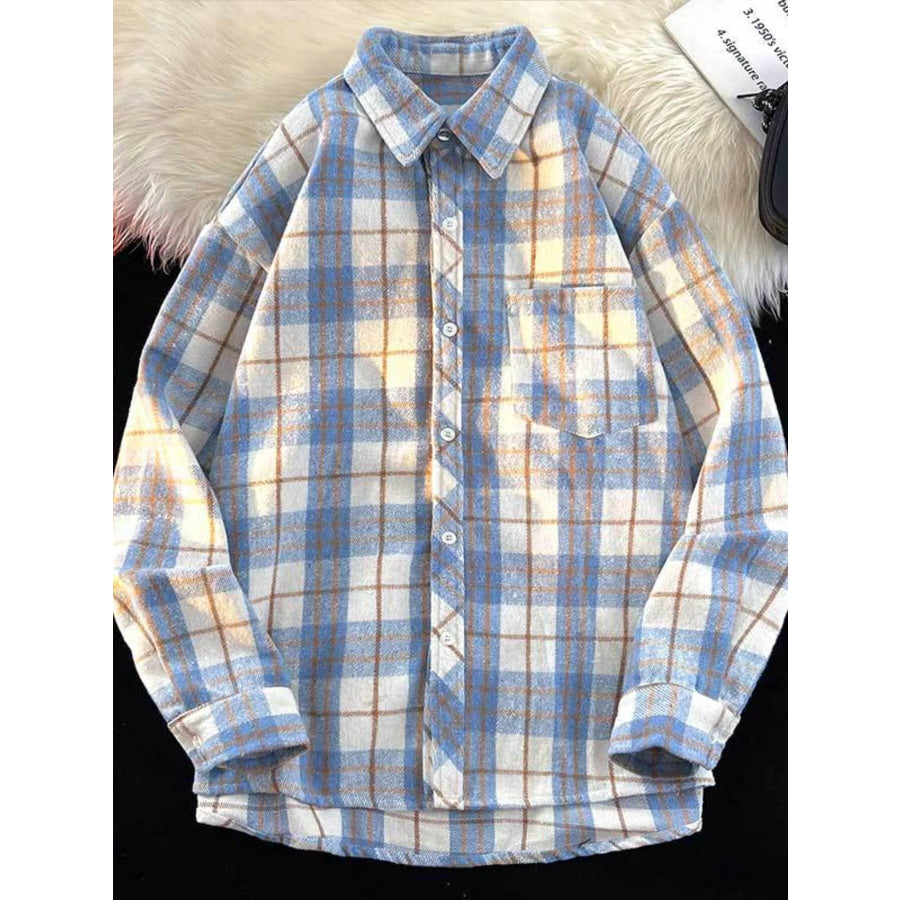 Men’s Full Size Oversized Plaid Shirt with Chest Pocket Plus Size Blue / S Apparel and Accessories