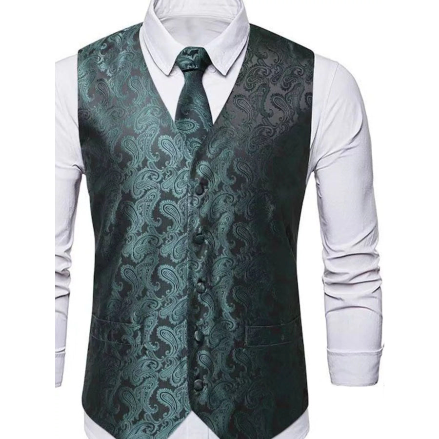 Men’s Full Size Paisley Print Button Up Vest Plus Size Black Forest / S Apparel and Accessories