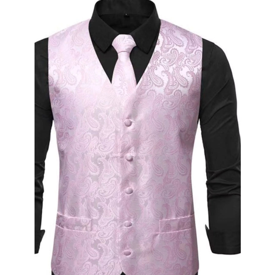 Men’s Full Size Paisley Print Button Up Vest Plus Size Dusty Pink / S Apparel and Accessories