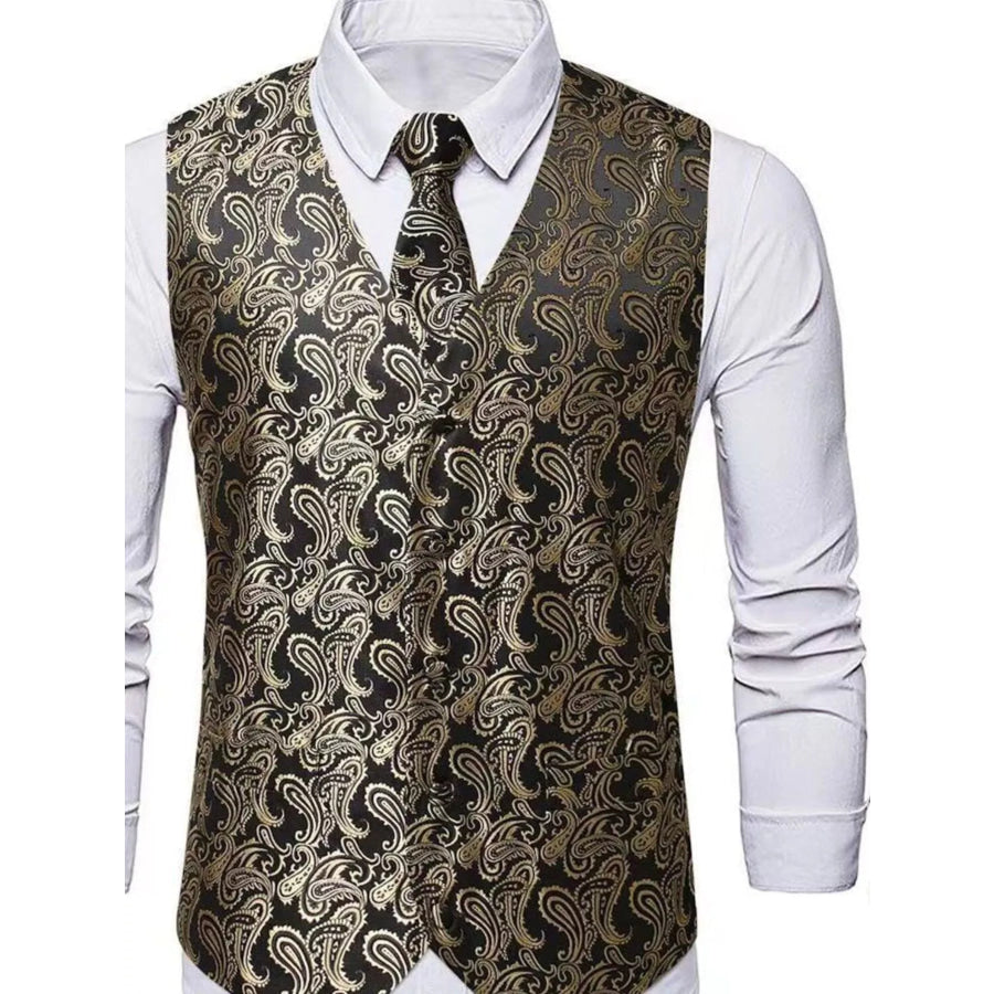 Men’s Full Size Paisley Print Button Up Vest Plus Size Gold / S Apparel and Accessories