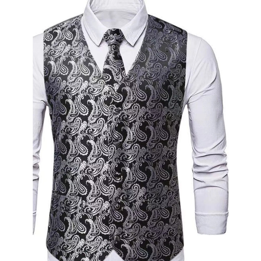 Men’s Full Size Paisley Print Button Up Vest Plus Size Silver / S Apparel and Accessories