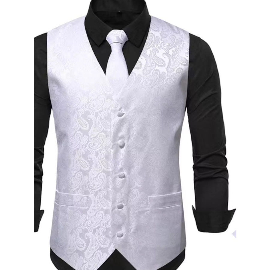 Men’s Full Size Paisley Print Button Up Vest Plus Size White / S Apparel and Accessories