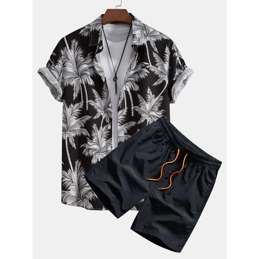 Men’s Full Size Palm Tree Print Short Sleeve Shirt and Shorts Set Plus Size Black / S Apparel and Accessories